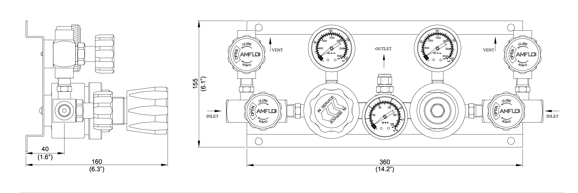 Панель газовая полуавтоматическая AMFLO PSB1200 ADGP13R,  одноступенчатая, Pвх-206 bar, c манометрами, PRV, PUV, обж. фитинг 1/2''  CV-1.0 / Semi-automatic GP AMFLO PSB1200 ADGP13R single-stage, inlet pressure 206bar,  PRV, ball valves. FNPT 1/2 CV-1
